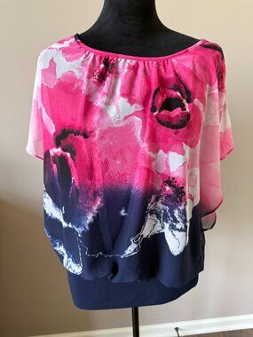 JM Collection Pink & Navy Attached Tank & Blouse Overlay Floral Medium